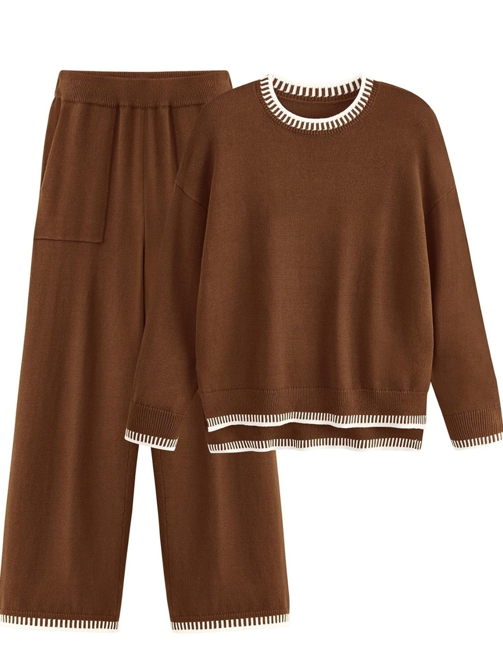 Pretty Garden 2 Piece sweater set long sleeves and wide leg trouser in brown